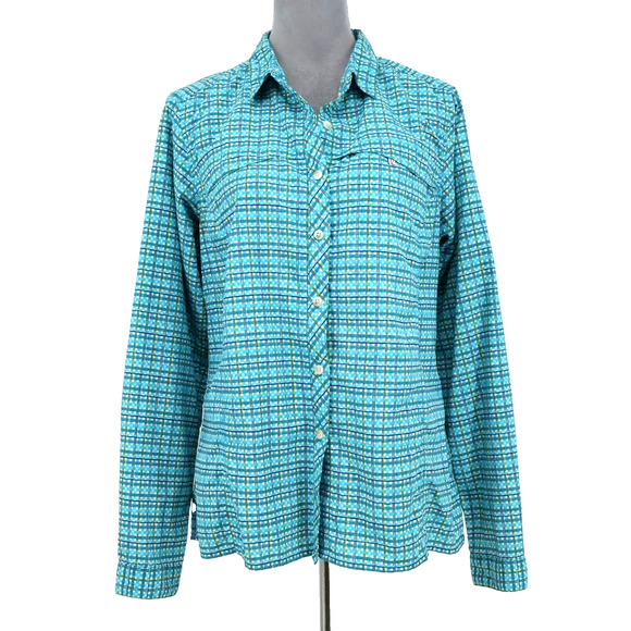 Exofficio Top Womens Large Blue White Plaid Blouse Long Sleeve Vents Pockets - Picture 1 of 16